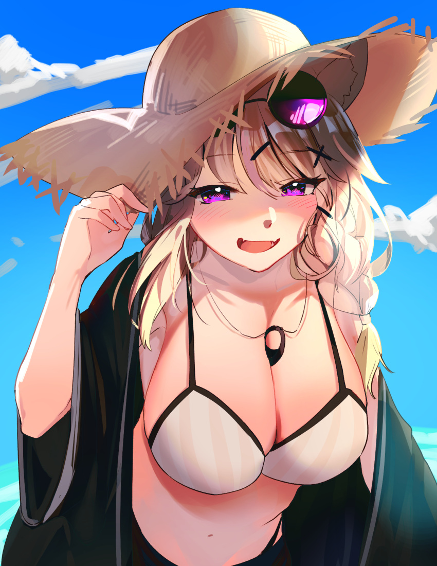 1girl animal_ears aqua_nails arknights bikini blue_sky blush breasts brown_hair cleavage eyewear_on_head fang highres jewelry large_breasts looking_at_viewer midriff necklace official_alternate_costume open_clothes open_mouth outdoors purple-tinted_eyewear purple_eyes sky smile solo swimsuit tinted_eyewear upper_body utage_(arknights) utage_(summer_flowers)_(arknights) white_bikini wide_sleeves yoshimori_isa