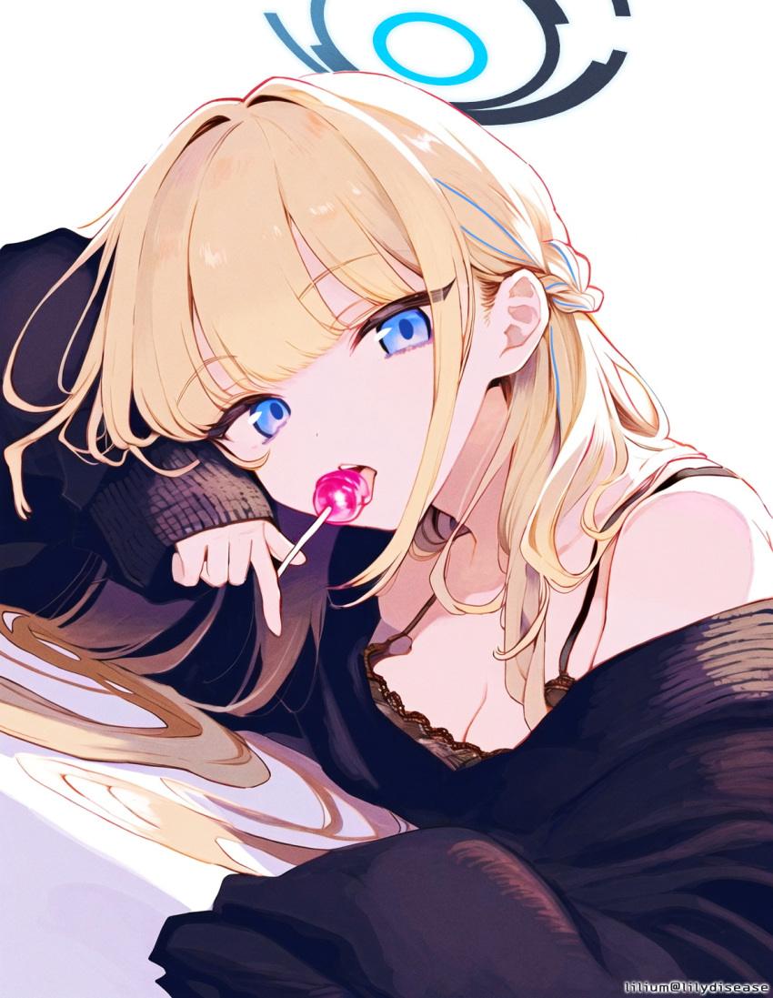 1girl ai-generated black_hair blonde_hair blue_archive blush candy food hair_between_eyes halo highres lilium(lilydisease) lollipop long_hair long_sleeves looking_at_viewer multicolored_hair open_mouth solo toki_(blue_archive) very_long_hair