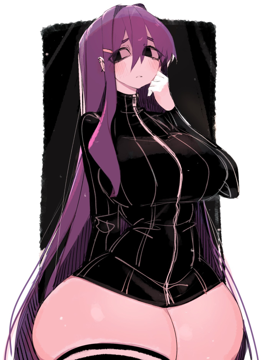 1girl black_eyes black_sweater breasts doki_doki_literature_club ear_piercing gothic highres huge_breasts long_hair looking_to_the_side no_pants piercing purple_hair ribbed_sweater shaded_face simple_background solo standing sweater thick_thighs thighhighs thighs usa37107692 very_long_hair wide_hips yuri_(doki_doki_literature_club) zipper