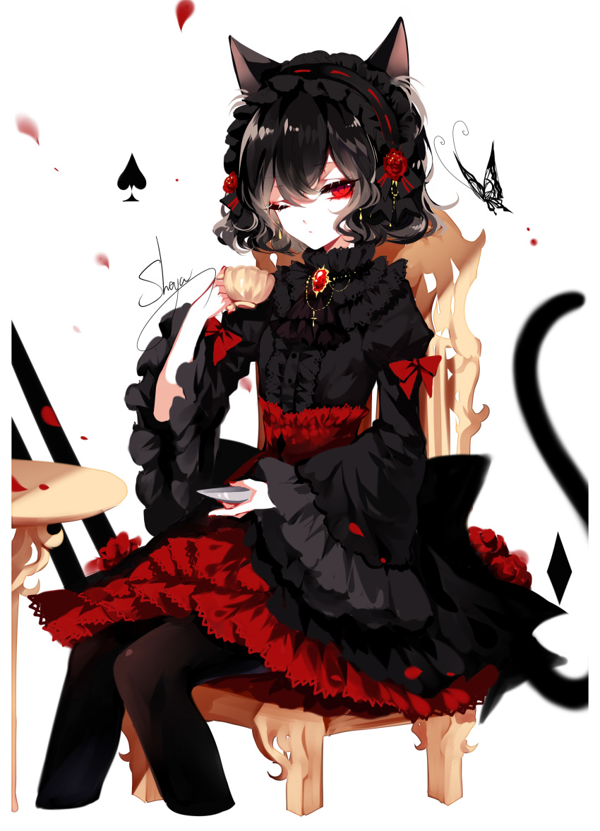 1girl absurdres animal_ear_fluff animal_ears artist_name bangs black_hair black_hairband black_legwear black_shirt bow brooch bug butterfly cat_ears cat_tail chair cropped_legs cup earrings eyebrows_visible_through_hair eyelashes flower frilled_sleeves frills gothic_lolita hair_between_eyes hairband hand_up high-waist_skirt highres holding holding_cup insect jewelry juliet_sleeves lolita_fashion lolita_hairband long_sleeves looking_at_viewer nail_polish one_eye_closed original pantyhose petals petticoat puffy_sleeves red_bow red_eyes red_flower red_nails red_rose red_skirt rose rose_petals sheya shirt short_hair signature simple_background sitting skirt solo spade_(shape) table tail teacup white_background wide_sleeves