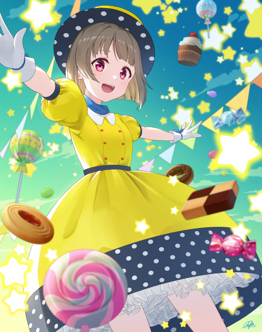 1girl brown_hair candy cupcake doughnut dress food gloves gradient_background hat highres light_brown_hair lollipop looking_at_viewer love_live! love_live!_nijigasaki_high_school_idol_club maju_(maju_magical) nakasu_kasumi open_mouth pink_eyes polka_dot poppin'_up_(love_live!) short_hair smile solo star_(symbol) white_gloves yellow_dress yellow_headwear