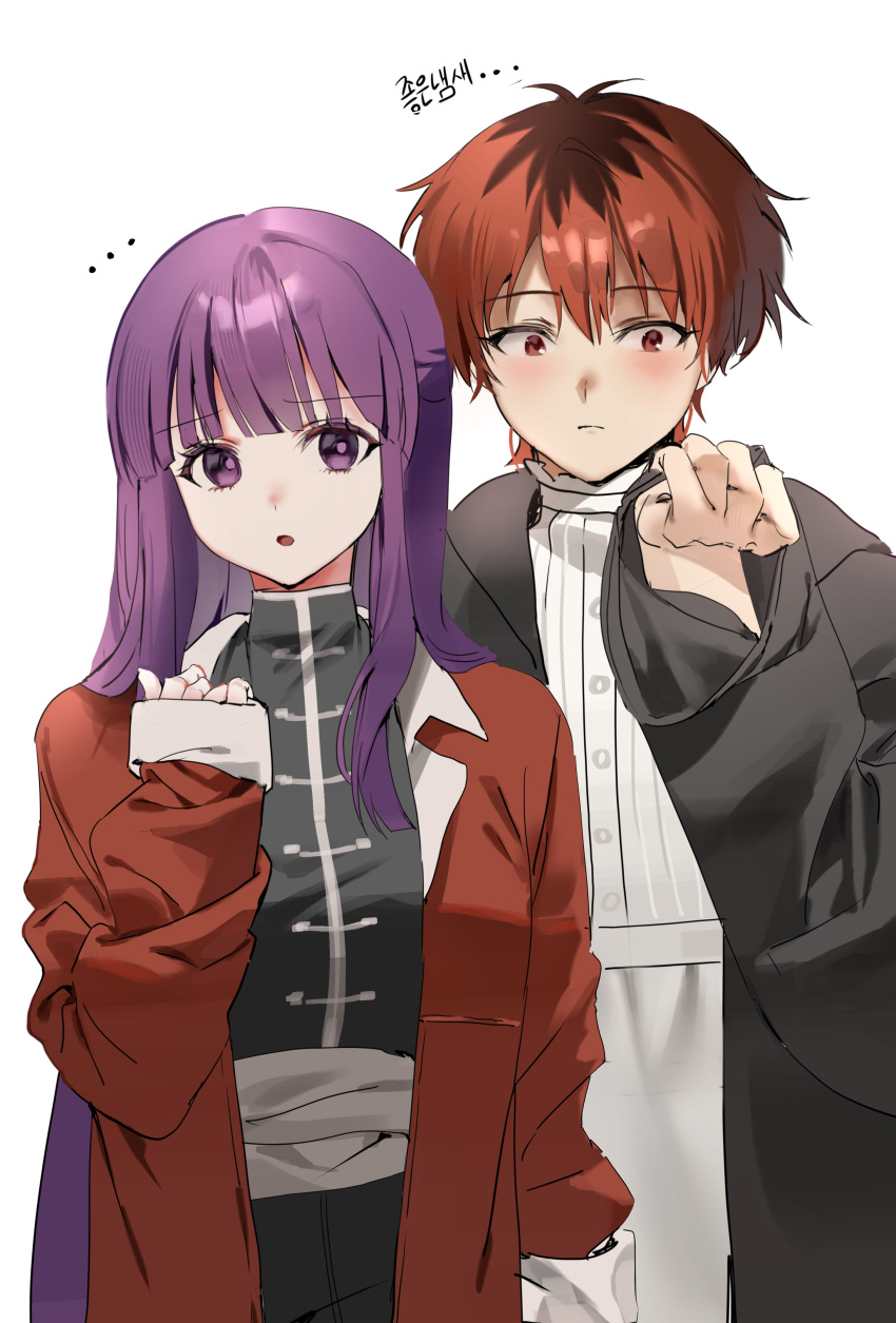 ... 1boy 1girl :o absurdres black_hair black_robe blush cosplay costume_switch dress educk fern_(sousou_no_frieren) highres jacket multicolored_hair purple_eyes purple_hair red_eyes red_hair red_jacket robe roots_(hair) simple_background smelling smelling_clothes sousou_no_frieren stark_(sousou_no_frieren) white_background white_dress