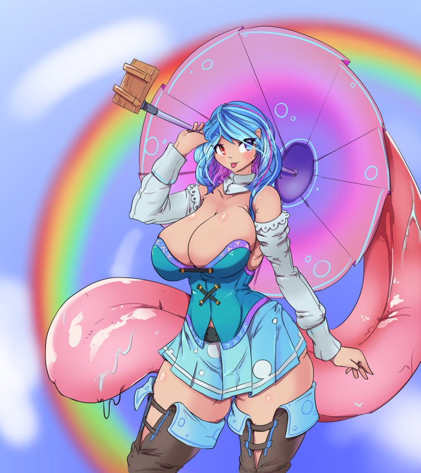 1girl adapted_costume bare_shoulders blue_background blue_eyes blue_hair blue_skirt blue_vest blurry blurry_background breasts commentary cowboy_shot greenm heterochromia highres holding holding_umbrella huge_breasts medium_hair pink_umbrella rainbow red_eyes skirt solo tatara_kogasa thighs tongue tongue_out touhou umbrella vest