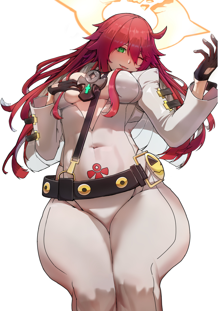 1365464620 1girl absurdres ankh_necklace ankh_print black_gloves bodysuit breasts broken_halo cleavage compass_rose_halo covered_navel gloves green_eyes guilty_gear guilty_gear_strive hair_between_eyes halo highres jack-o'_valentine large_breasts long_hair long_sleeves looking_at_viewer multicolored_hair red_hair smile thick_thighs thighs two-tone_hair white_bodysuit white_hair