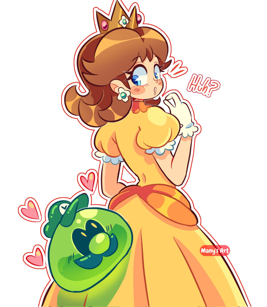 1boy 1girl artist_name blue_eyes breasts brown_hair crown dress earrings face_in_ass facial_hair flower_earrings gloves green_headwear hat heart highres jewelry looking_at_another looking_back luigi manysart1 mario_(series) medium_hair mustache orange_dress princess_daisy puffy_short_sleeves puffy_sleeves short_sleeves simple_background slime_(creature) smile spoken_heart standing super_mario_bros._wonder tomboy watermark white_background white_gloves wubba_luigi