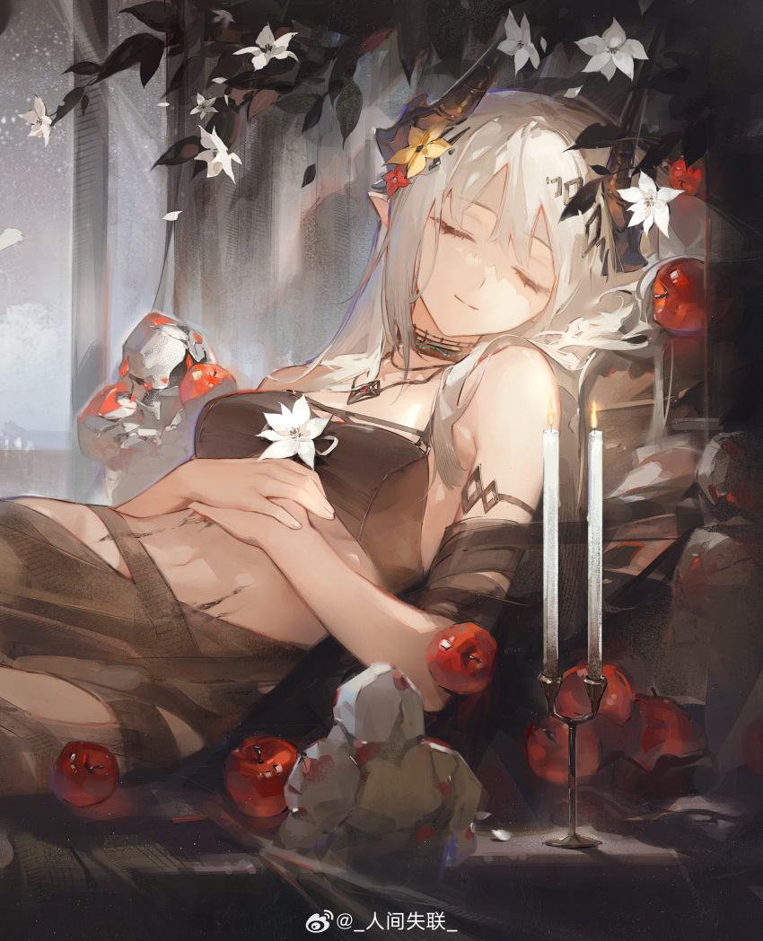 1girl absurdres apple arknights bare_shoulders bikini black_bikini black_choker black_horns breasts candle candlestand chinese_commentary choker closed_eyes closed_mouth facing_viewer flower food fruit hair_flower hair_ornament hands_on_own_stomach highres horns jewelry leaf light_smile long_hair midriff mudrock_(arknights) mudrock_(silent_night)_(arknights) pendant petals pointy_ears reclining renjian_shilian sidelocks sleeping small_breasts solo swimsuit weibo_logo weibo_username white_flower white_hair