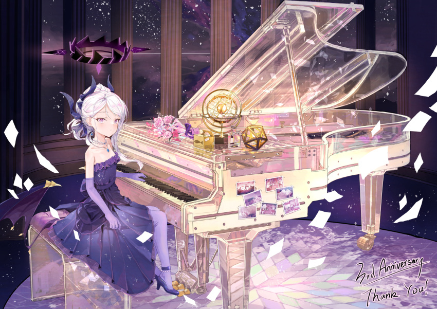 1girl black_horns blue_archive dangle_earrings demon_horns demon_wings dress earrings elbow_gloves forest_0 gloves grand_piano halo highres hina_(blue_archive) hina_(dress)_(blue_archive) horns instrument jewelry long_hair multiple_horns official_alternate_costume official_alternate_hairstyle piano purple_dress purple_eyes purple_gloves purple_wings solo strapless strapless_dress white_hair wings