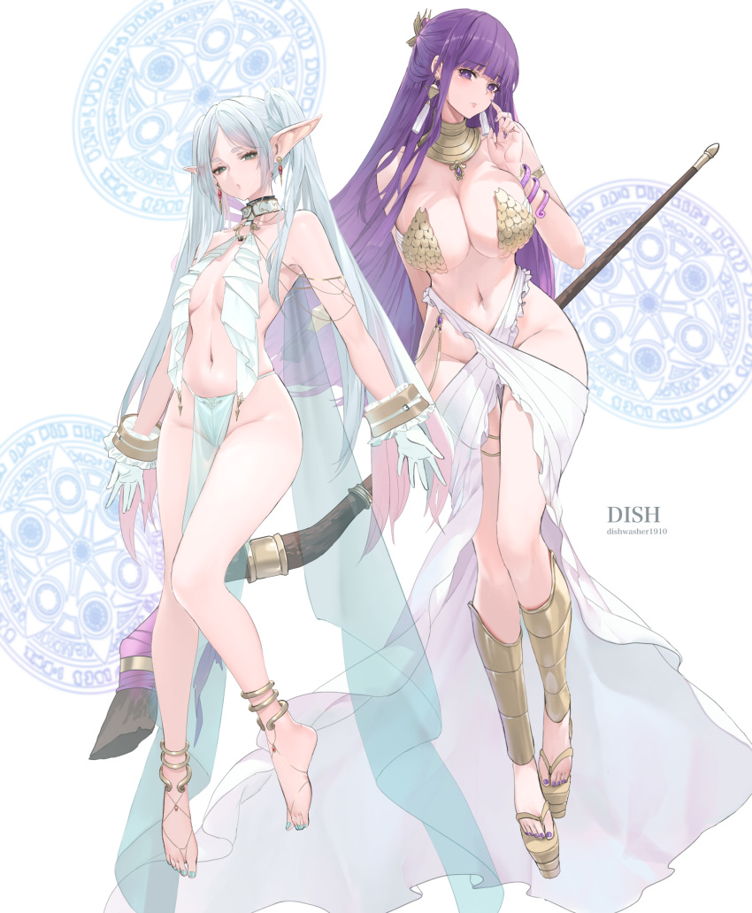 2girls absurdres alternate_costume anklet artist_name bikini blush breast_curtains breasts commentary_request dishwasher1910 duplicate earrings elf feet fern_(sousou_no_frieren) frieren full_body gloves gold_bikini green_eyes grey_hair groin hair_ornament highres holding holding_staff jewelry large_breasts legs long_hair long_legs looking_at_viewer mage_staff magic_circle multiple_girls nail_polish navel no_shoes parted_bangs pelvic_curtain pixel-perfect_duplicate platform_footwear pointy_ears purple_eyes purple_hair revealing_clothes sandals small_breasts sousou_no_frieren staff swimsuit toenail_polish toenails toes twintails very_long_hair white_gloves