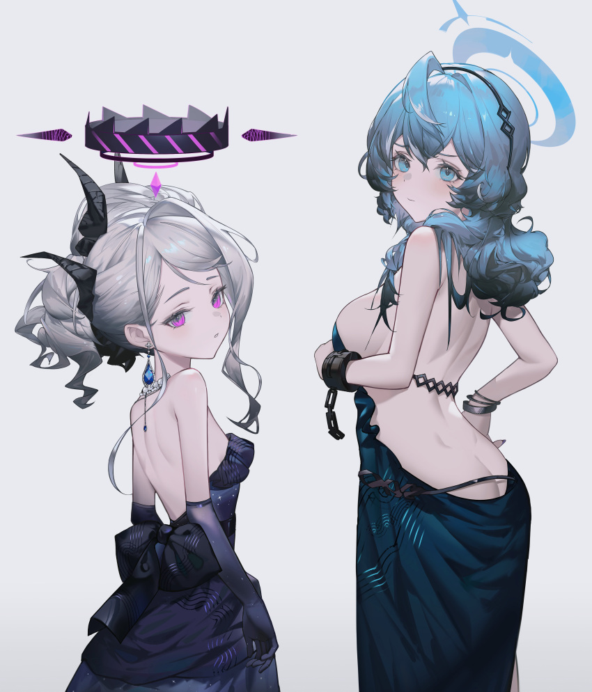 2girls absurdres ako_(blue_archive) ako_(dress)_(blue_archive) ass black_horns blue_archive blue_dress blue_eyes blue_hair blue_halo blush breasts closed_mouth cuffs dangle_earrings demon_horns dress earrings elbow_gloves gloves grey_background halo handcuffs highres hina_(blue_archive) hina_(dress)_(blue_archive) horns jewelry large_breasts long_hair looking_at_viewer multiple_girls multiple_horns official_alternate_costume official_alternate_hairstyle open_mouth p1up1u purple_dress purple_eyes purple_gloves simple_background sleeveless sleeveless_dress small_breasts strapless strapless_dress white_hair