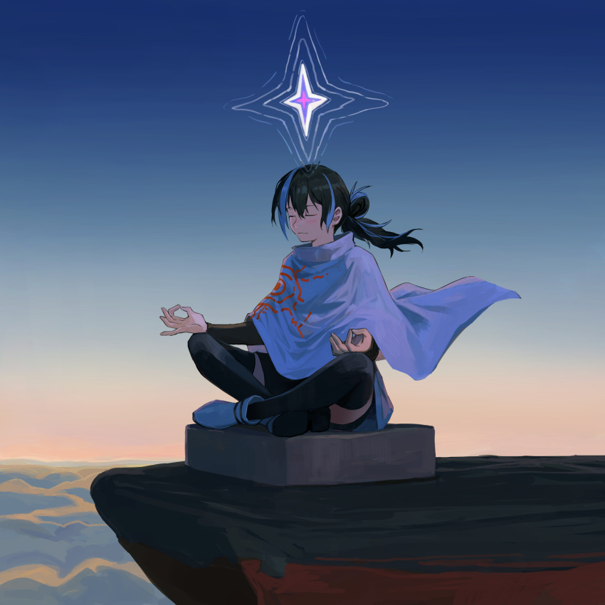 1girl above_clouds black_hair black_thighhighs blue_cape blue_hair boots cape cliff closed_eyes closed_mouth cloud dusk gradient_sky hair_bun highres indian_style long_hair meditation mudra multicolored_hair original ripples sitting sky solo star_(symbol) streaked_hair thighhighs vitarka_mudra white_footwear xiaomai_yorik