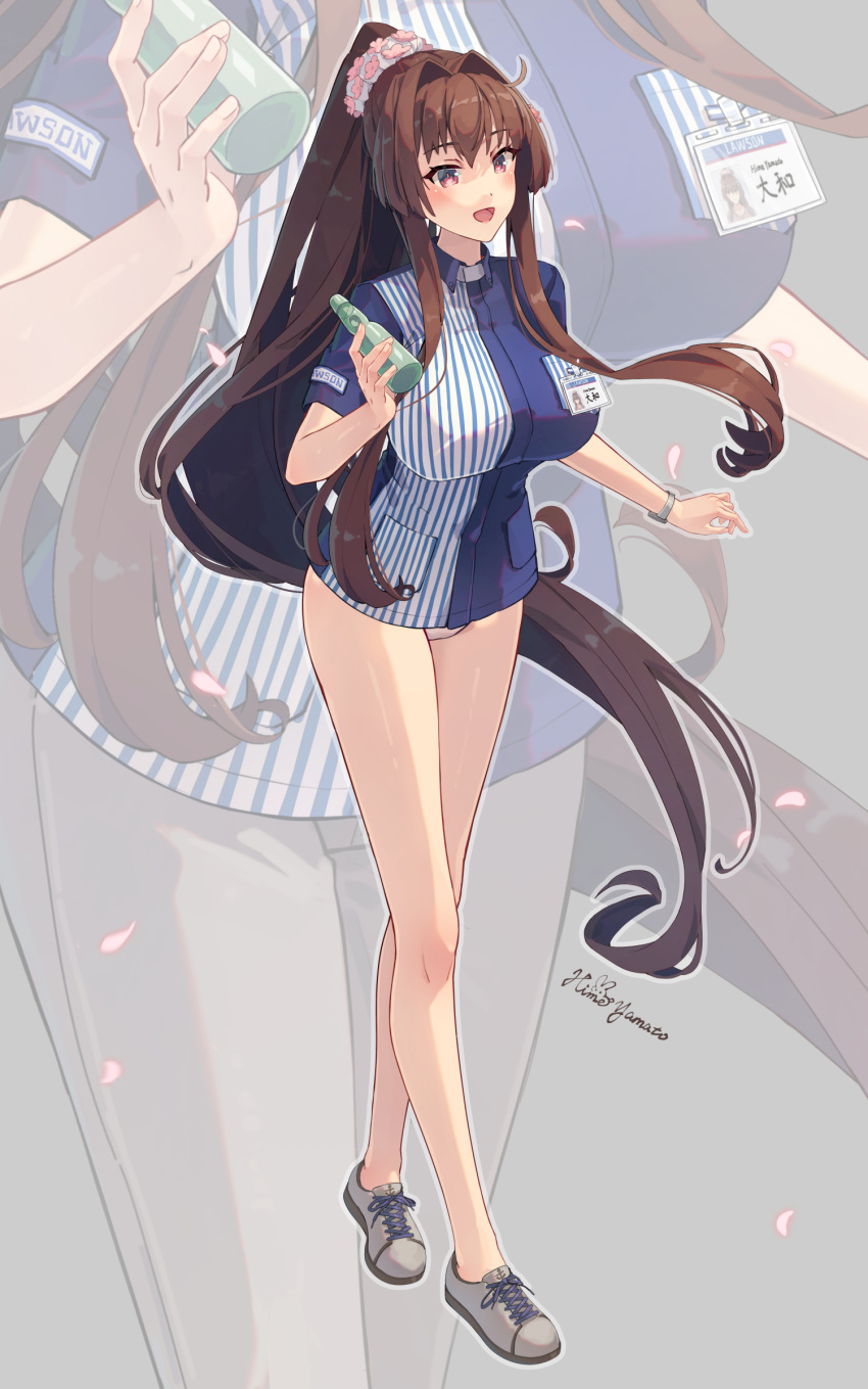 1girl alternate_costume artist_name asymmetrical_shirt blue_shirt brown_eyes brown_hair commentary cross-laced_footwear drink full_body grey_footwear hair_intakes highres himeyamato holding holding_drink id_card kantai_collection legs long_hair looking_ahead no_pants open_mouth ponytail ramune shirt short_sleeves smile solo standing symbol-only_commentary thighs very_long_hair watch wristwatch yamato_(kancolle)