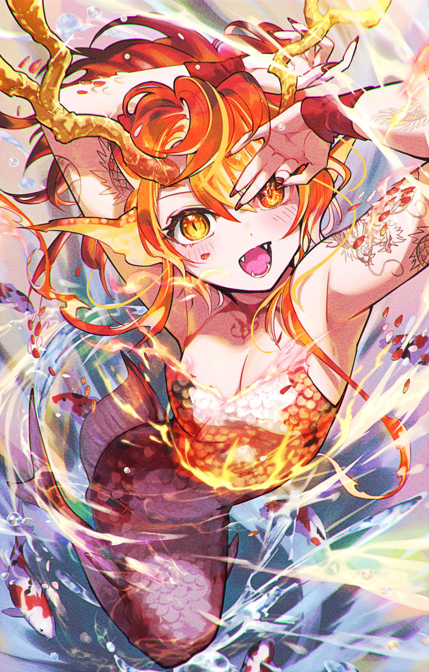 1girl absurdres animal antlers arm_tattoo arms_up blue_background breasts cleavage dragon_girl fangs fingernails fins fire fish floating_hair full_body head_fins highres horns jumping koi long_hair looking_at_viewer medium_breasts mermaid monster_girl multicolored_background nemoto_yuuma open_mouth orange_eyes orange_hair orange_scales original red_nails scales sharp_fingernails sidelocks slit_pupils solo tattoo transformation water