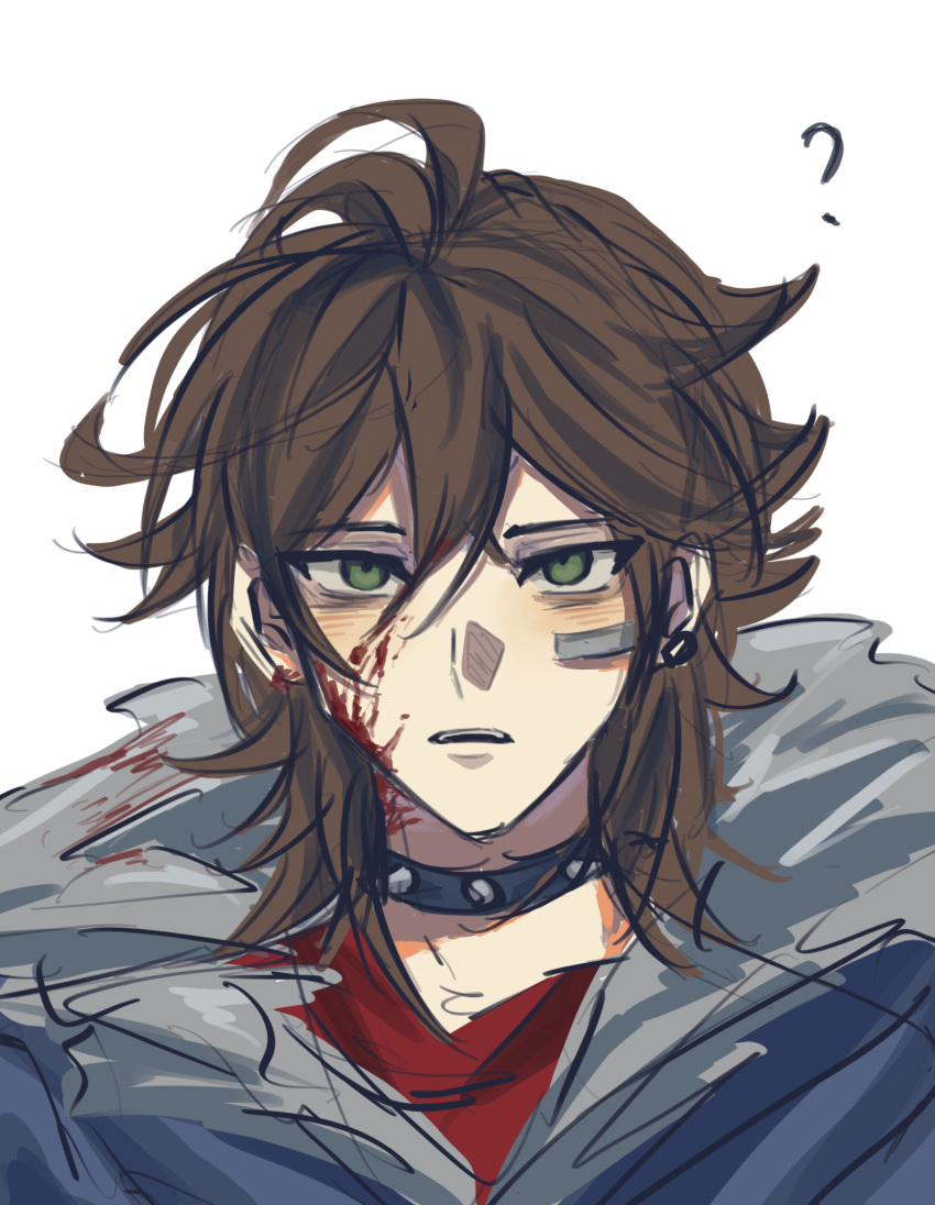 1boy ? ahoge bandaid bandaid_on_face black_collar blood blood_in_hair blood_on_clothes blood_on_face blue_jacket brown_hair chinese_commentary collar commentary_request fur-trimmed_jacket fur_trim green_eyes highres isoi_reiji jacket looking_at_viewer male_focus medium_hair open_mouth portrait red_shirt saibou_shinkyoku sanpaku shirt simple_background sketch solo spiked_collar spikes white_background yu_ta