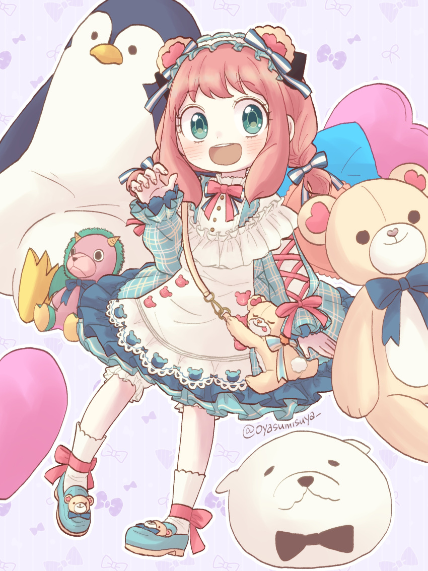 1girl :d absurdres animal_ears animal_print anya_(spy_x_family) arm_at_side arm_ribbon bear_ears bear_print blue_bow blue_dress blue_footwear blush bond_(spy_x_family) bow braid character_doll child commentary_request director_chimera_(spy_x_family) dress fake_animal_ears frilled_dress frilled_hairband frilled_sleeves frills full_body green_eyes grey_background hair_bow hairband hand_up happy heart heart-shaped_pillow highres long_sleeves looking_at_viewer low_twin_braids medium_hair open_mouth oyasumisuya petticoat pillow pink_bow pink_hair pink_ribbon ribbon round_teeth shoes simple_background sitting sleeves_past_wrists smile socks solo spy_x_family stuffed_animal stuffed_penguin stuffed_toy teddy_bear teeth twin_braids twitter_username upper_teeth_only white_socks wide-eyed wrist_bow