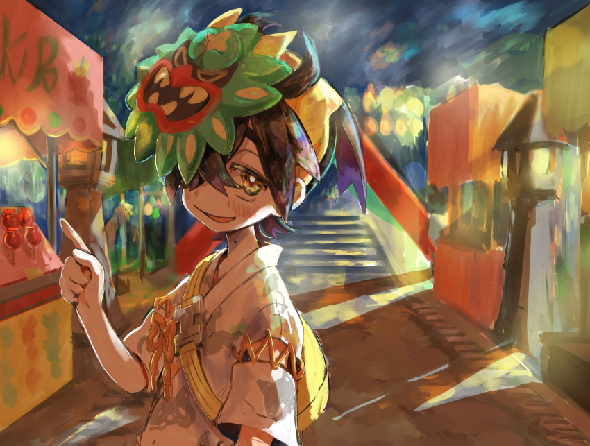 1boy black_hair blush candy_apple festival food hair_between_eyes hasu_(2157hasu) highres japanese_clothes kieran_(pokemon) looking_at_viewer male_focus market_stall mask mask_on_head mask_over_one_eye mole mole_on_neck multicolored_hair night open_mouth outdoors pointing pokemon pokemon_sv purple_hair solo stairs yellow_eyes