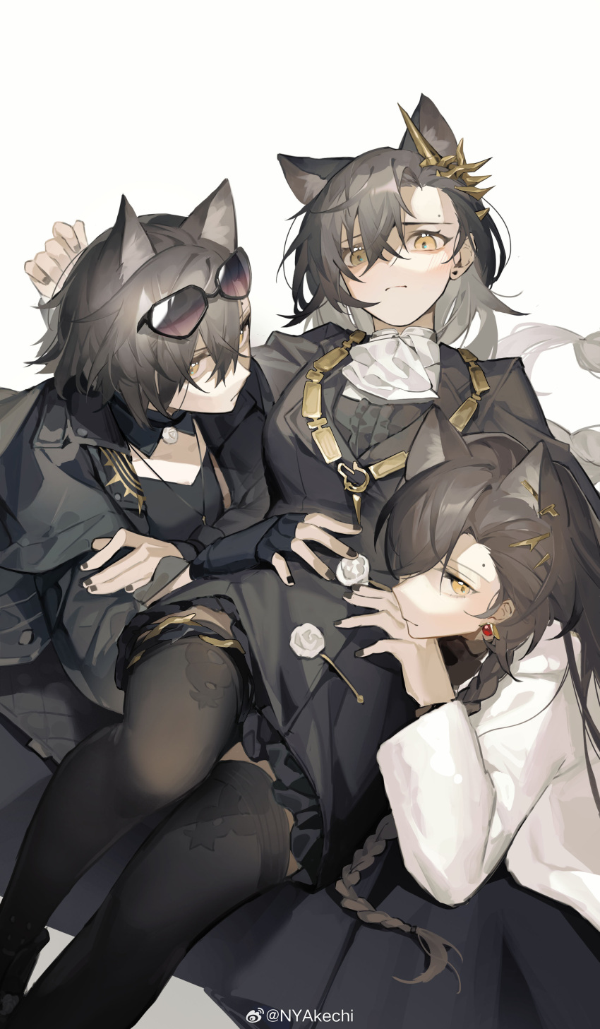 3girls absurdres akechi_(826988799) ambience_synesthesia animal_ears arknights ascot black_coat black_gloves black_jacket black_nails black_shirt black_skirt black_thighhighs brown_eyes clone closed_mouth coat commentary_request earrings eyewear_on_head feet_out_of_frame fingerless_gloves gloves grey_hair hair_between_eyes hand_on_another's_waist highres jacket jewelry long_hair long_sleeves looking_at_viewer mole_above_eye multiple_girls official_alternate_costume penance_(arknights) penance_(occasionally_flushed)_(arknights) shirt simple_background single_fingerless_glove skirt sunglasses thighhighs white_ascot white_background white_jacket wolf_ears wolf_girl