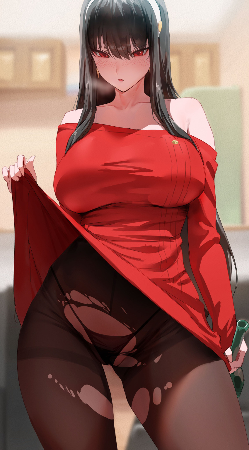 1girl absurdres arm_at_side bare_shoulders black_hair black_panties black_pantyhose blurry blurry_background blush bottle breasts breath clothes_lift contrapposto cowboy_shot dress drunk hairband hand_up highres holding holding_bottle large_breasts lifted_by_self long_hair long_sleeves looking_at_viewer off-shoulder_sweater off_shoulder open_mouth panties panties_under_pantyhose pantyhose parted_lips red_eyes red_sweater rororo solo spy_x_family sweater sweater_dress sweater_lift thighs torn_clothes torn_pantyhose underwear v-shaped_eyebrows white_hairband wine_bottle yor_briar