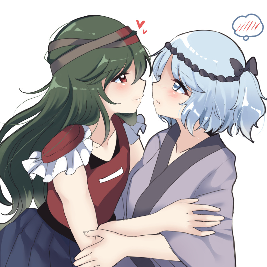 2others androgynous black_headband blue_eyes blue_hair blue_skirt blush closed_mouth commentary_request fujiwara_no_iyozane green_hair hachimaki headband heart highres hug japanese_clothes kimono len'en light_blue_hair long_hair medium_hair multiple_others nejiri_hachimaki other_focus ougi_hina parted_lips pleated_skirt purple_kimono red_eyes side_ponytail simple_background skirt smile sweat thought_bubble white_background wide_sleeves