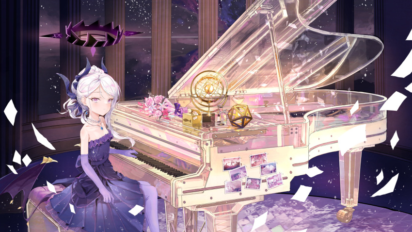 1girl black_horns blue_archive dangle_earrings demon_horns demon_wings dress earrings elbow_gloves forest_0 gloves grand_piano halo highres hina_(blue_archive) hina_(dress)_(blue_archive) horns instrument jewelry long_hair multiple_horns official_alternate_costume official_alternate_hairstyle piano purple_dress purple_eyes purple_gloves purple_wings solo strapless strapless_dress white_hair wings