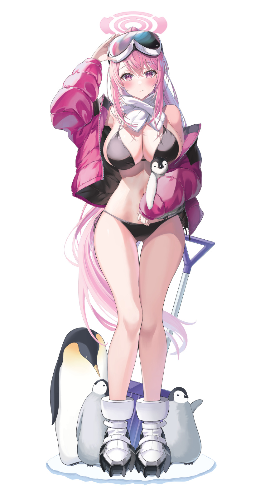 1girl absurdres alter_(kxk7357) bikini bird black_bikini blue_archive blush breasts cleavage cropped_jacket eimi_(blue_archive) eimi_(swimsuit)_(blue_archive) halo highres jacket large_breasts long_hair looking_at_viewer official_alternate_costume penguin pink_eyes pink_hair pink_halo pink_jacket scarf sidelocks smile snow_goggles swimsuit virtual_youtuber white_scarf