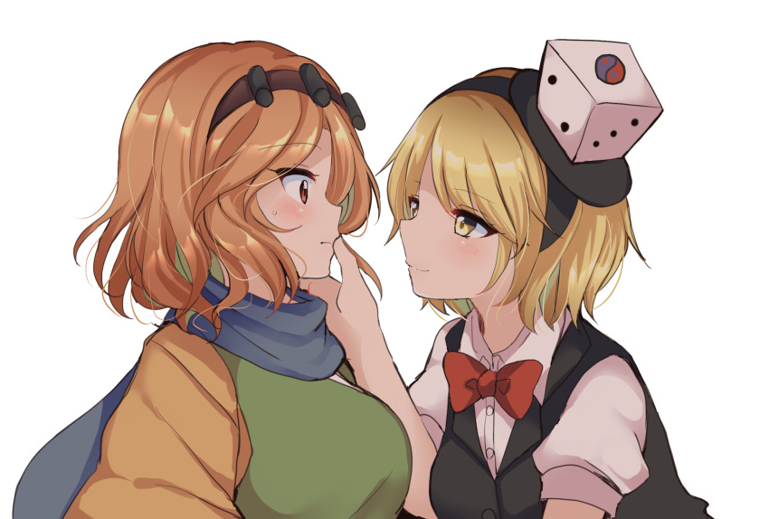 2girls blonde_hair blue_scarf blush bow bowtie breasts commentary_request dice_hair_ornament genderswap genderswap_(otf) hair_ornament hairband hat highres large_breasts len'en medium_breasts multiple_girls orange_eyes orange_hair ougi_hina puffy_short_sleeves puffy_sleeves scarf short_hair short_sleeves vest xeno_a yellow_eyes yuri zuifeng_tenkai