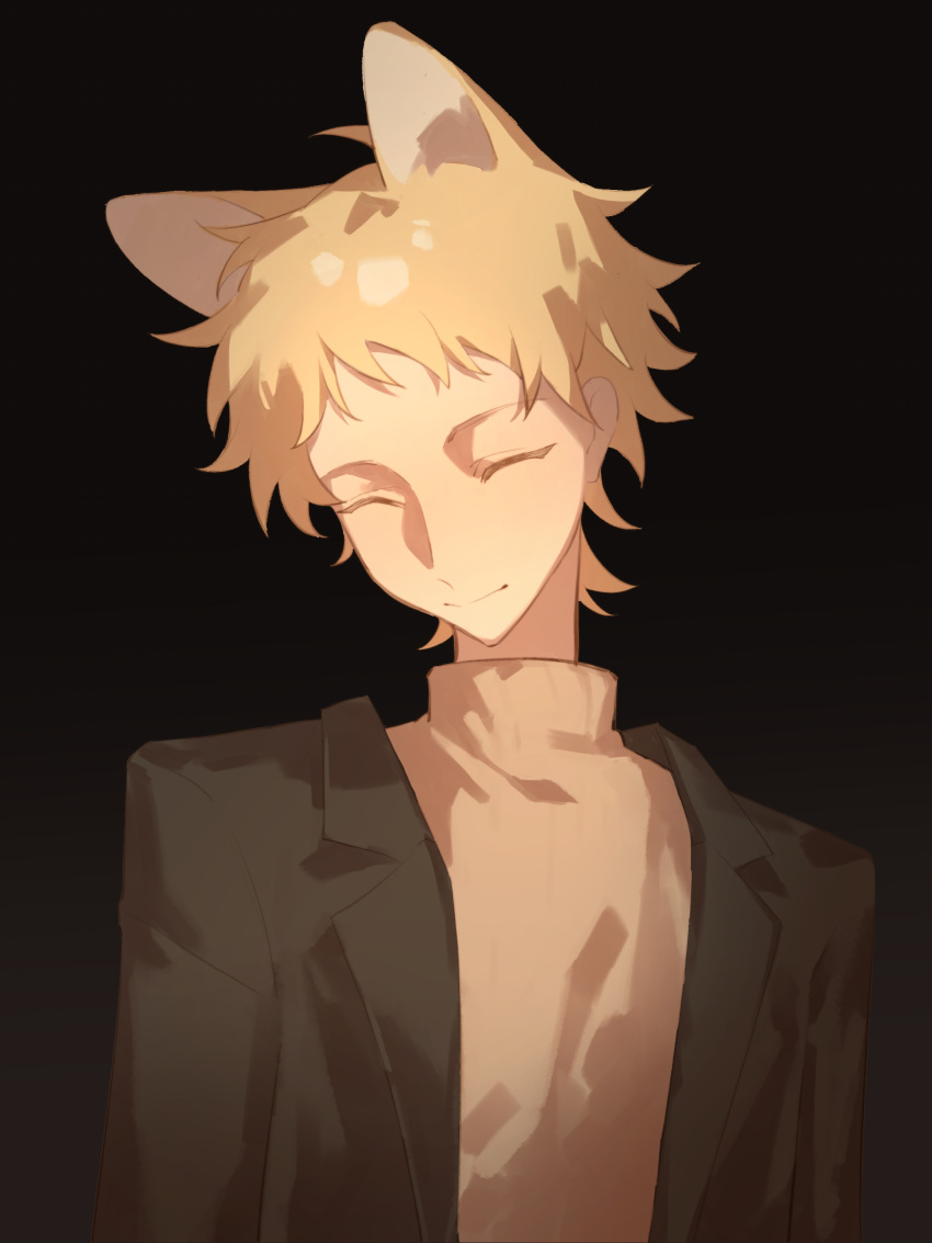 1boy absurdres animal_ears atou_haruki black_jacket blonde_hair brown_sweater chinese_commentary closed_eyes closed_mouth commentary_request facing_viewer fox_boy fox_ears highres jacket kemonomimi_mode li_tan long_sleeves male_focus open_clothes open_jacket saibou_shinkyoku short_hair simple_background smile solo sweater turtleneck turtleneck_sweater upper_body