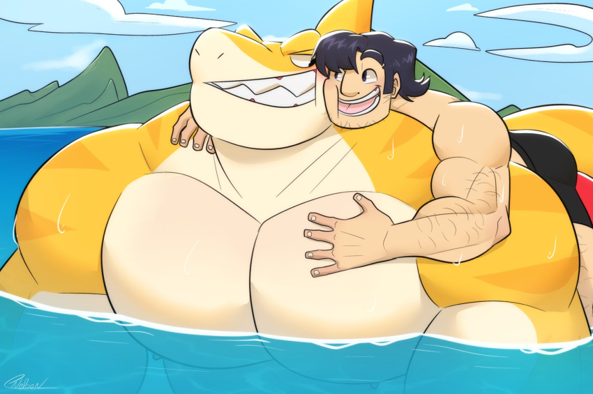 anthro arm_hair big_muscles big_pecs black_hair blush body_hair carrying carrying_another carrying_partner cheek_to_cheek clothed clothing duo face_to_face fin fish grin hair hi_res holding_partner huge_muscles huge_pecs human human_on_anthro interspecies larger_anthro larger_male male male/male mammal marine multicolored_body muscular muscular_anthro muscular_male nipples pecs requiem_shark riding same22shark shark size_difference smaller_human smaller_male smile swimming swimming_trunks swimming_trunks_only swimwear tiger_shark topless topless_male water wet white_body yellow_body
