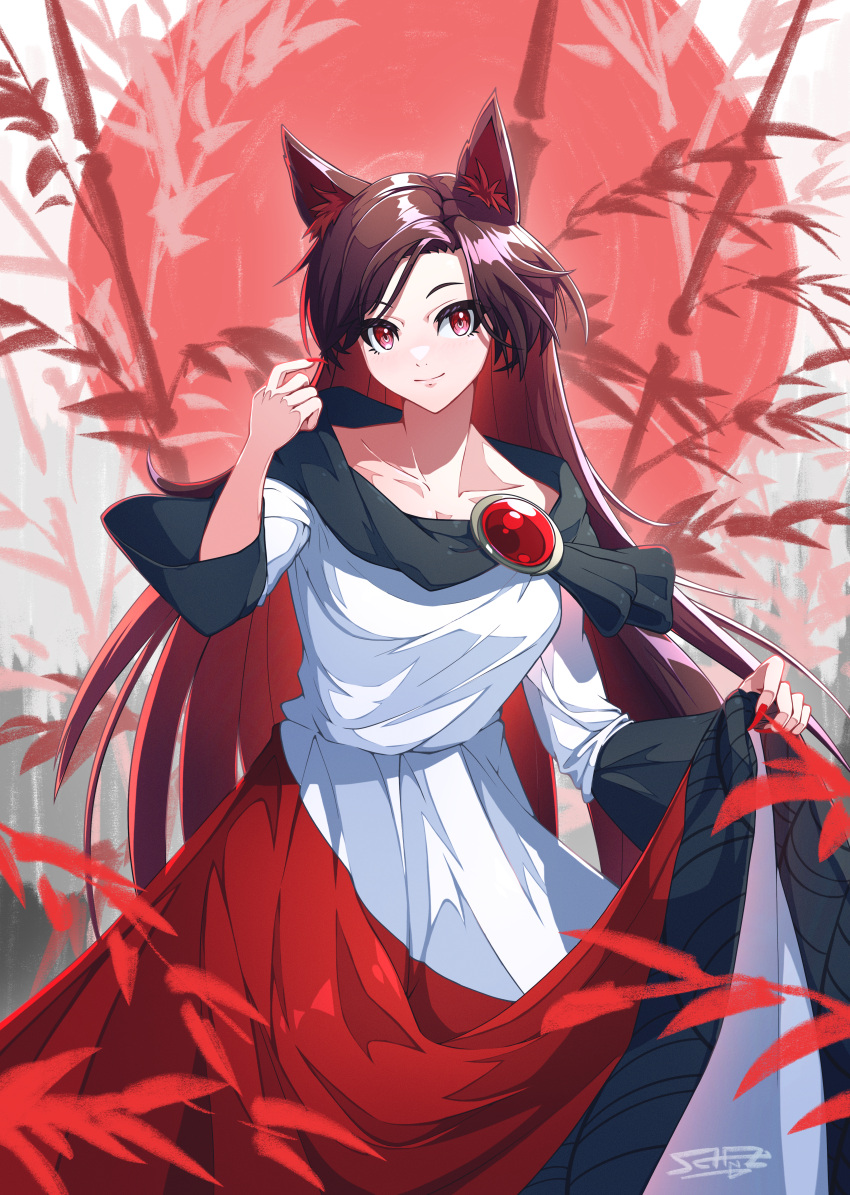 1girl absurdres animal_ears breasts brooch brown_hair cleavage closed_mouth collarbone dress fingernails highres imaizumi_kagerou jewelry long_fingernails long_hair long_sleeves looking_at_viewer nail_polish red_dress red_eyes red_nails schnuz sharp_fingernails smile solo touhou white_dress wolf_ears