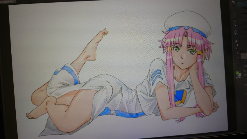 1girl aria_(manga) aria_company_uniform bare_legs barefoot beret blue_bow blue_bowtie blush bow bowtie collarbone cwind dress eyelashes feet foot_up gold_trim green_eyes hair_tubes hat highres legs looking_at_viewer mizunashi_akari parted_bangs pink_hair sailor_collar short_hair_with_long_locks short_sleeves side_slit sidelocks simple_background solo thighs toenails toes white_background white_dress white_headwear