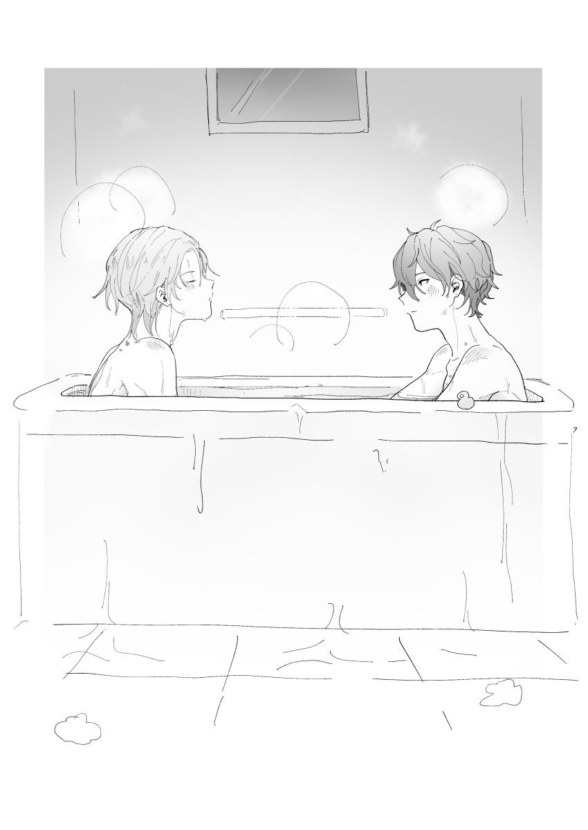 2boys absurdres bathtub blush caelus_(honkai:_star_rail) closed_eyes commentary_request dan_heng_(honkai:_star_rail) facing_another greyscale highres honkai:_star_rail honkai_(series) indoors kino_mgmg looking_at_another male_focus monochrome multiple_boys nude piercing_hole rubber_duck same-sex_bathing shared_bathing short_hair shoulder_blush trailblazer_(honkai:_star_rail) water wet wet_hair yaoi
