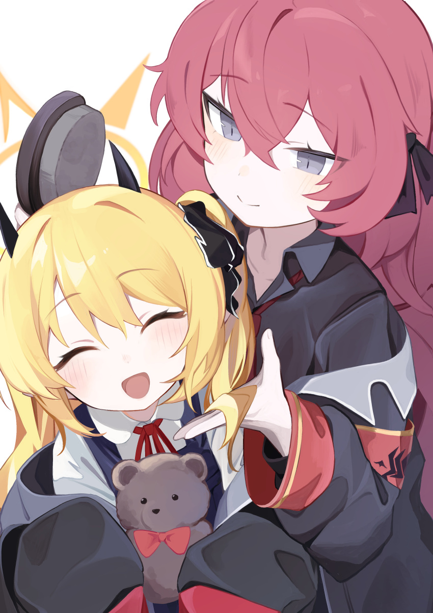 2girls absurdres black_coat black_dress black_horns black_shirt blonde_hair blue_archive blush closed_eyes closed_mouth coat collared_shirt demon_horns dress grey_eyes hair_between_eyes halo highres horns ibuki_(blue_archive) iroha_(blue_archive) long_hair long_sleeves multiple_girls necktie open_mouth pinafore_dress red_hair red_necktie rotroto shirt simple_background sleeveless sleeveless_dress smile stuffed_animal stuffed_toy teddy_bear white_background yellow_halo