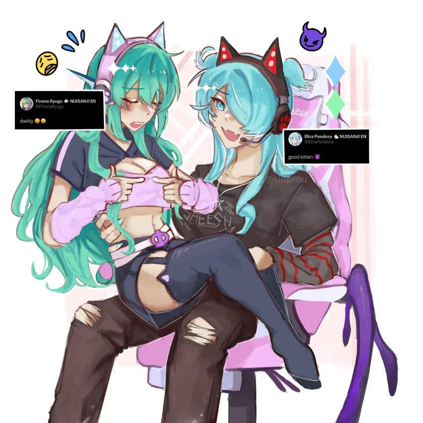 1girl alternate_costume animal_ear_headphones animal_ears arm_warmers belt black_pants black_shirt black_skirt black_thighhighs blue_eyes blush breasts cat_ear_headphones character_name closed_eyes collarbone copyright_name dragon_wings elira_pendora embarrassed emoji fake_animal_ears fangs finana_ryugu hair_over_one_eye head_wings headphones headset highres layered_sleeves long_hair low_wings medium_breasts midriff navel nijisanji nijisanji_en one_eye_covered open_mouth pants paw_print pink_arm_warmers pink_tube_top shirt sitting sitting_on_lap sitting_on_person skin_fangs skirt slnpmu smile social_network strapless thighhighs torn_clothes torn_pants tube_top twitter very_long_hair virtual_youtuber white_belt wings yuri