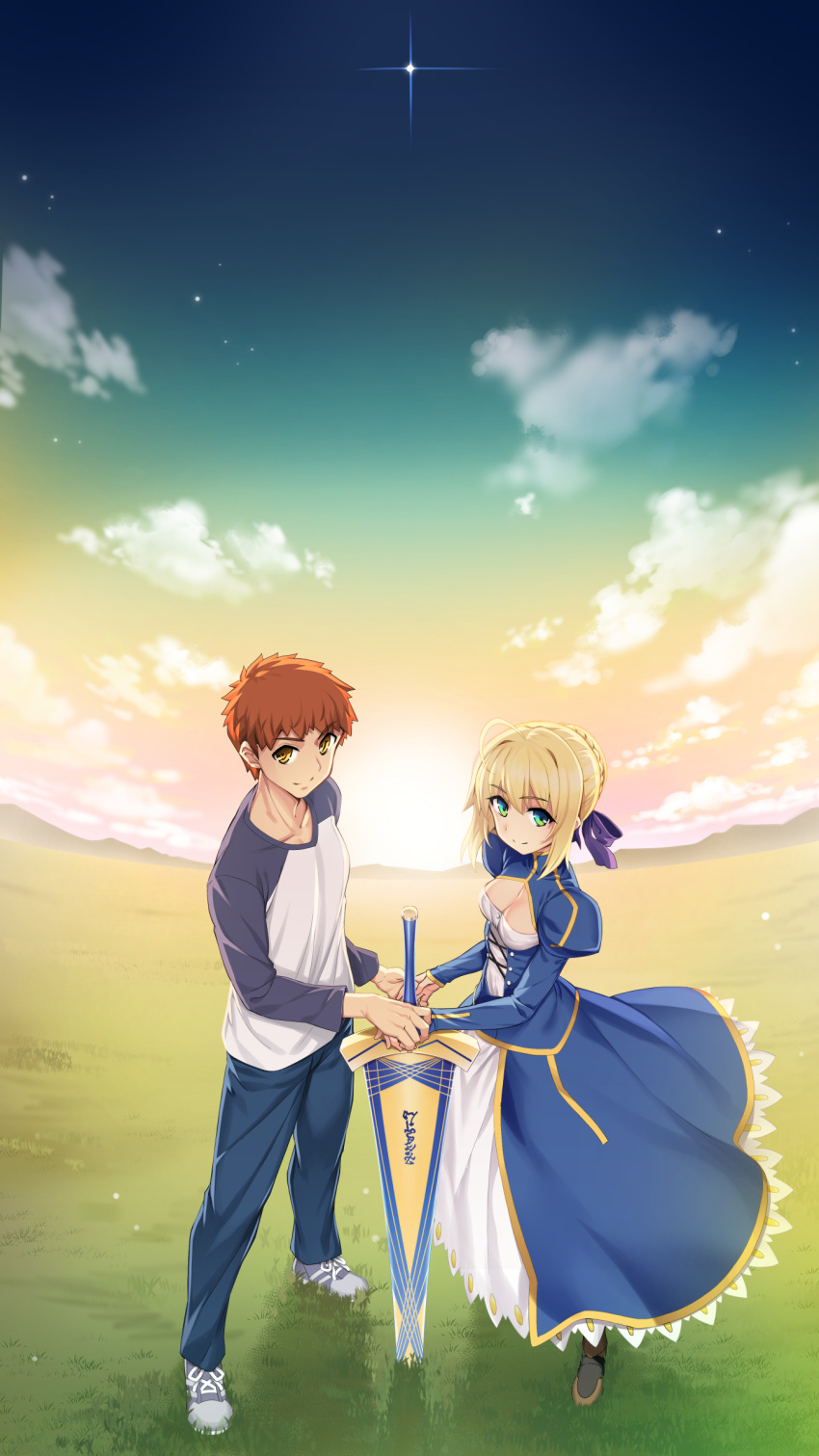 1boy 1girl absurdres ahoge anniversary artoria_pendragon_(fate) blonde_hair blue_dress cloud dress emiya_shirou excalibur_(fate/stay_night) fate/stay_night fate_(series) field green_eyes highres holding_hands looking_at_viewer namonashi orange_hair outdoors saber_(fate) shirt shoes sky smile sneakers star_(sky) sword weapon yellow_eyes