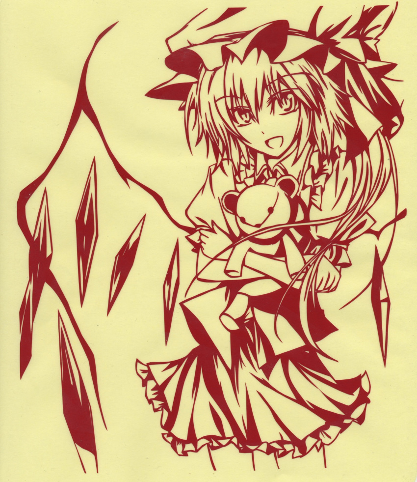 1girl collared_shirt cowboy_shot crystal flandre_scarlet frilled_shirt_collar frilled_skirt frills hat hat_ribbon head_tilt highres holding holding_stuffed_toy long_hair looking_at_viewer mob_cap monochrome msumisa one_side_up open_mouth puffy_short_sleeves puffy_sleeves ribbon shirt short_sleeves skirt solo stuffed_animal stuffed_toy teddy_bear touhou vest wings