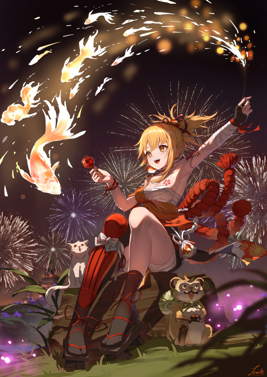 1girl :d absurdres arm_up armpits bandaged_leg bandages bare_shoulders black_socks blonde_hair breasts candy_apple cat chest_sarashi commentary_request fireworks food genshin_impact geta highres holding holding_food japanese_clothes joehi kimono long_hair night night_sky open_mouth orange_kimono outdoors ponytail sarashi sitting sky small_breasts smile socks solo thighs wrist_wrap yellow_eyes yoimiya_(genshin_impact)