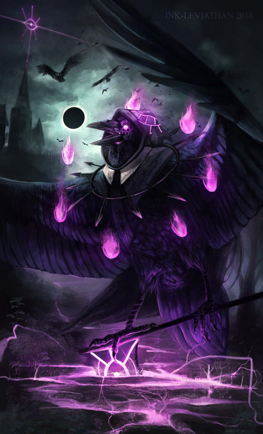 2018 avian beak bird black_beak corvid crow detailed_background digital_media_(artwork) feral ink-leviathan open_mouth purple_theme solo_focus standing