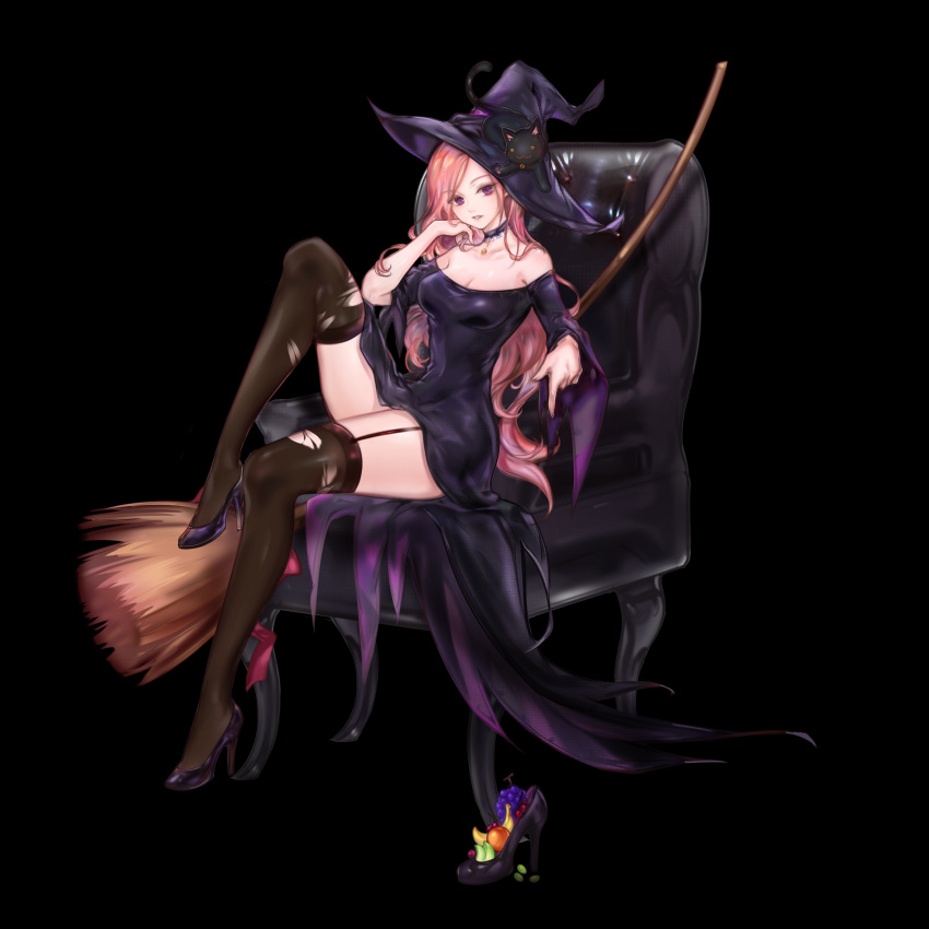 96dgd absurdres armchair bare_shoulders black_background black_cat breasts broom cat chair chin_rest cleavage collarbone commentary_request covered_navel dress dungeon_and_fighter eyebrows_visible_through_hair full_body garter_straps hand_on_own_cheek hat high_heels highres jewelry korean_commentary leg_up looking_at_viewer medium_breasts on_head pink_eyes pink_hair purple_collar purple_dress purple_footwear simple_background solo strapless strapless_dress thief_(dungeon_and_fighter) thighhighs torn_clothes torn_legwear wide_sleeves witch witch_hat