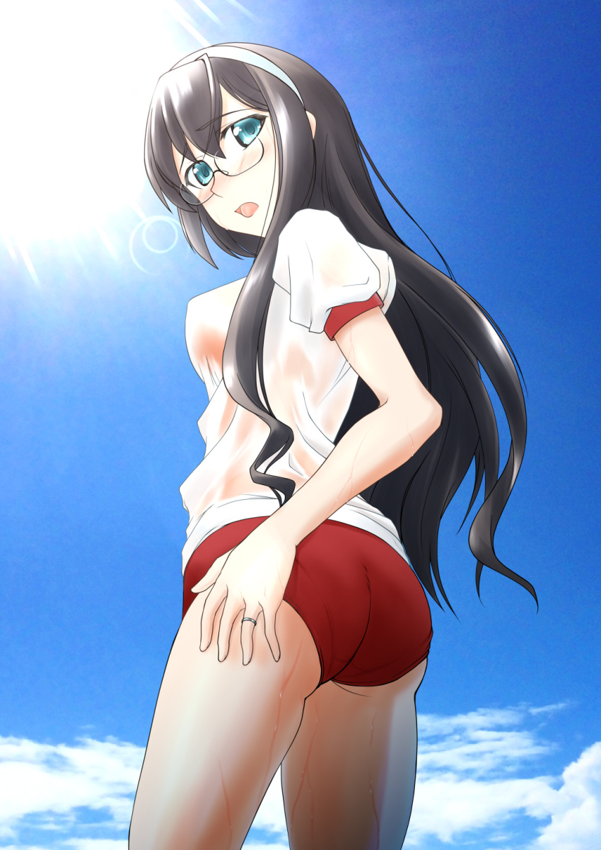 ass black_hair blue_eyes blue_sky buruma cloud cowboy_shot day from_behind glasses gym_uniform hairband highres jewelry kantai_collection lens_flare long_hair looking_at_viewer looking_back mochizuki_kazuto ooyodo_(kantai_collection) red_buruma ring see-through semi-rimless_eyewear shirt sky solo sun sweat under-rim_eyewear wedding_band white_shirt