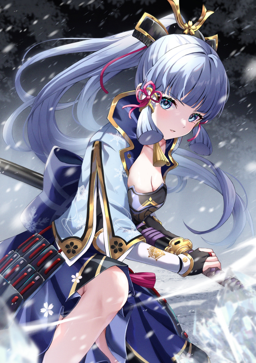 1girl absurdres armor black_gloves blue_eyes blue_shirt blue_skirt breastplate breasts cleavage commentary_request commission fingerless_gloves genshin_impact gloves grey_hair hair_tubes highres holding holding_sword holding_weapon kamisato_ayaka katana kneeling long_hair looking_at_viewer parted_lips pixiv_commission ponytail scabbard sheath sheathed shirt sidelocks skirt snow solo sword very_long_hair wanatsu_15 weapon