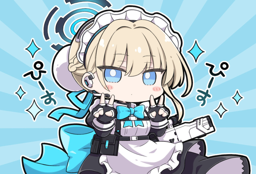 1girl apron black_dress black_gloves blonde_hair blue_archive blue_background blue_eyes blue_ribbon blush_stickers bright_pupils chibi commentary double_v dress earpiece fingerless_gloves frilled_apron frills gloves hair_between_eyes hair_ribbon hands_up highres looking_at_viewer maid_headdress nejikirio no_nose ribbon solo sparkle toki_(blue_archive) translated v white_apron white_pupils