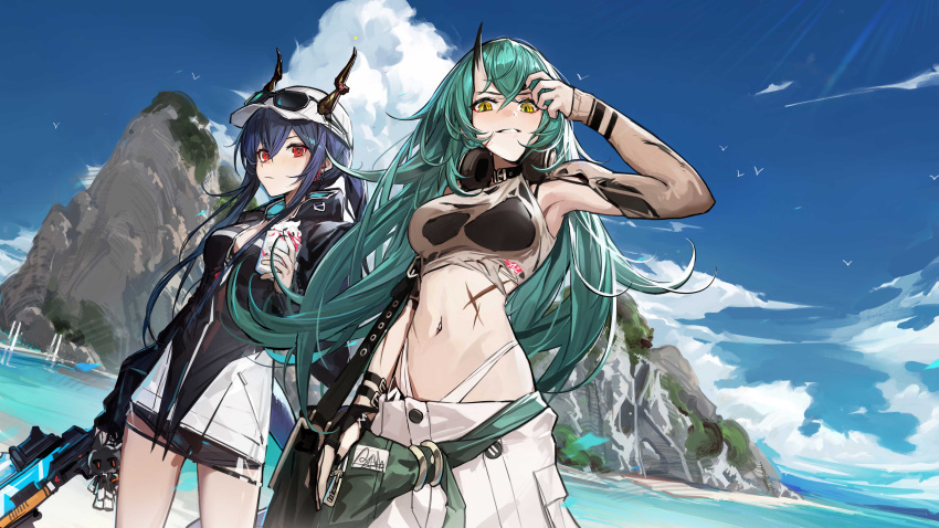 2girls absurdres arknights bag bikini bird black_bag black_bikini black_choker black_jacket blue_hair breasts ch'en_(arknights) ch'en_the_holungday_(arknights) character_doll chinese_commentary choker cleavage closed_mouth cloud commentary_request cumulonimbus_cloud cup day earpiece eyewear_on_head food green_hair gun hair_between_eyes highleg highleg_bikini highres holding holding_cup holding_gun holding_weapon horizon horns horns_through_headwear hoshiguma_(arknights) ice_cream jacket long_hair long_sleeves looking_at_viewer multiple_girls navel ocean outdoors parted_lips qingfeng_canying red_eyes scar shoulder_bag sidelocks single_horn skin-covered_horns sky stomach swimsuit talulah_(arknights) weapon