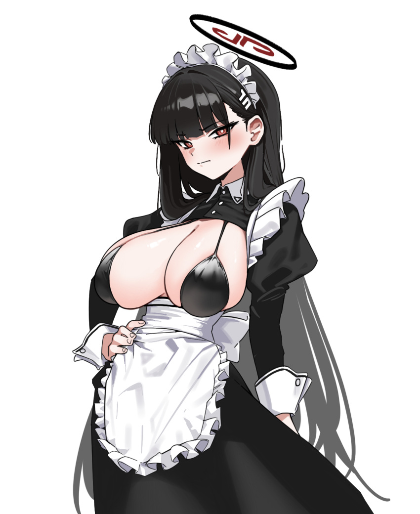 1girl alternate_costume apron black_dress black_hair blue_archive blush breasts cleavage closed_mouth collared_dress dress enmaided fried_bocky frilled_apron frills hair_ornament hairpin halo hand_on_own_hip highres juliet_sleeves large_breasts long_hair long_sleeves maid maid_apron maid_headdress puffy_sleeves red_eyes rio_(blue_archive) simple_background solo waist_apron white_apron white_background