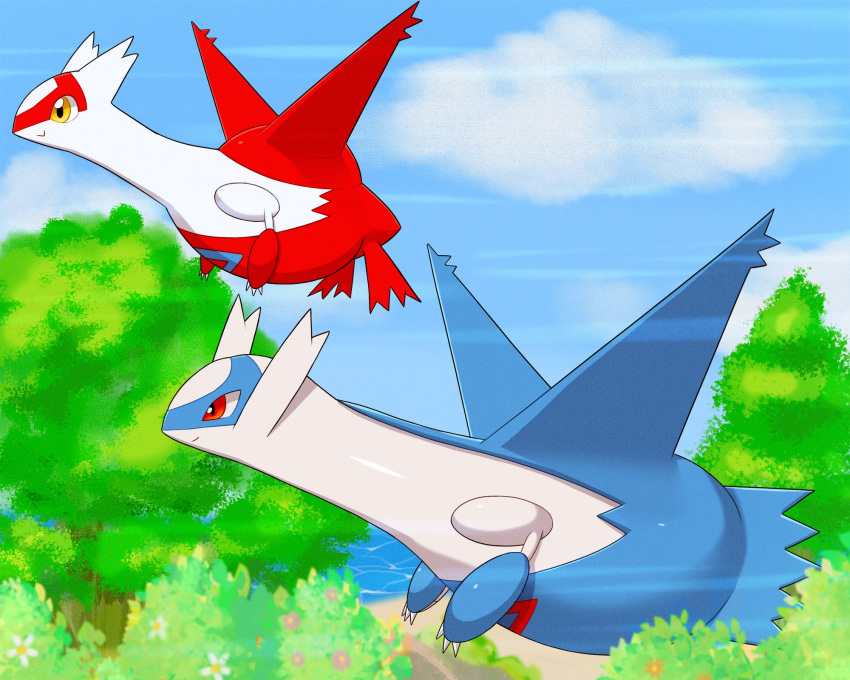 blue_sky bonte380381 cloud cloudy_sky day flying highres latias latios no_humans outdoors pokemon pokemon_(creature) red_eyes sky tree yellow_eyes