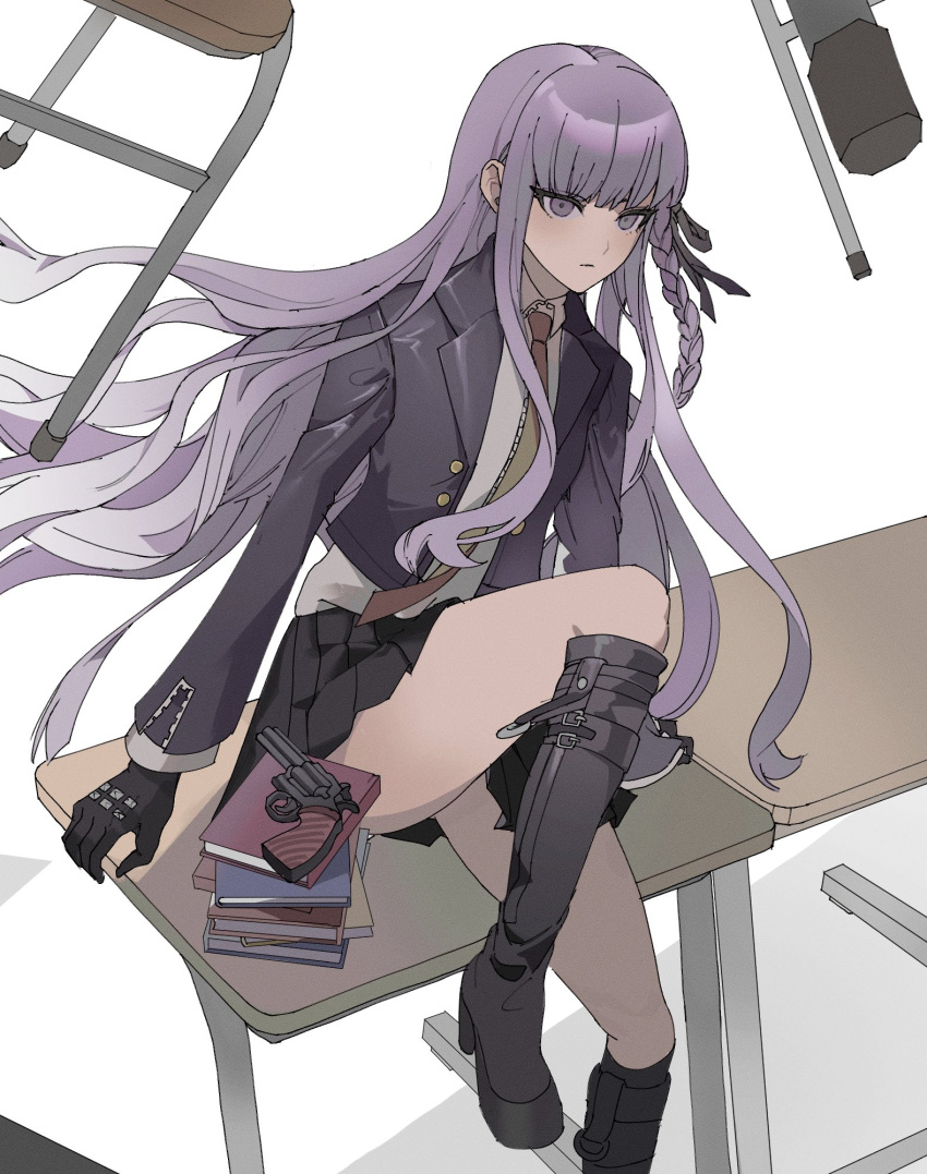 1girl black_footwear black_jacket black_ribbon black_skirt book book_stack boots braid brown_necktie chair collared_shirt danganronpa:_trigger_happy_havoc danganronpa_(series) grey_shirt gun hair_ribbon handgun highres jacket kirigiri_kyoko knee_boots long_hair miniskirt necktie oji_~yo open_clothes open_jacket pink_eyes pleated_skirt purple_hair ribbon shirt shirt_tucked_in side_braid sitting skirt solo table weapon