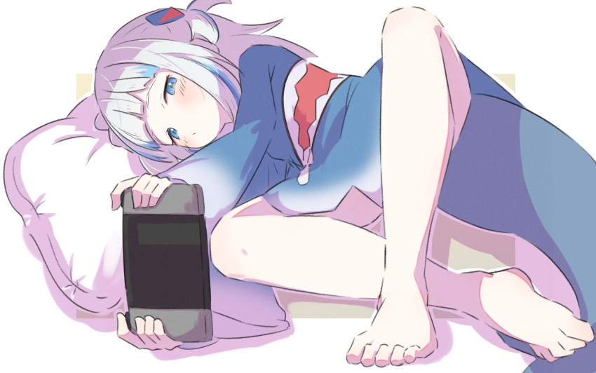 barefoot blue_dress blue_eyes blue_hair blunt_bangs blush crossed_ankles dress feet fins fish_tail full_body gawr_gura gawr_gura_(1st_costume) grey_hair handheld_game_console head_on_pillow highres holding holding_handheld_game_console hololive hololive_english inaririn long_sleeves looking_at_viewer lying multicolored_hair nintendo_switch no_pants on_side one_side_up pillow shark_tail short_hair streaked_hair tail virtual_youtuber