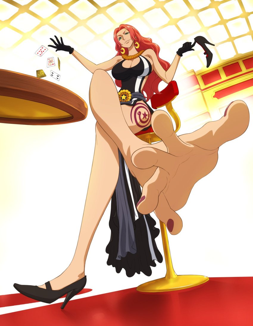 baccarat_(one_piece) black_gloves breasts card casino casino_card_table cleavage_cutout clothing_cutout crossed_legs dress earrings feet foot_focus full_body gloves green_eyes high_heels highres holding holding_shoes indoors jewelry large_breasts leg_tattoo long_hair looking_at_viewer mature_female nail_polish necklace one_piece one_piece_film:_gold playing_card red_hair shoes single_shoe sitting sleeveless smirk solo spread_toes table tattoo toenail_polish toenails toes warabi_yuuzou