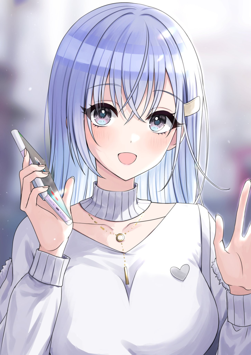 1girl :d blue_hair blurry blurry_background blush breasts cellphone crossed_bangs hair_ornament hairclip hands_up heart highres holding holding_phone idolmaster idolmaster_shiny_colors jewelry long_hair long_sleeves looking_at_viewer necklace open_mouth phone smartphone smile solo suzuki_hana upper_body