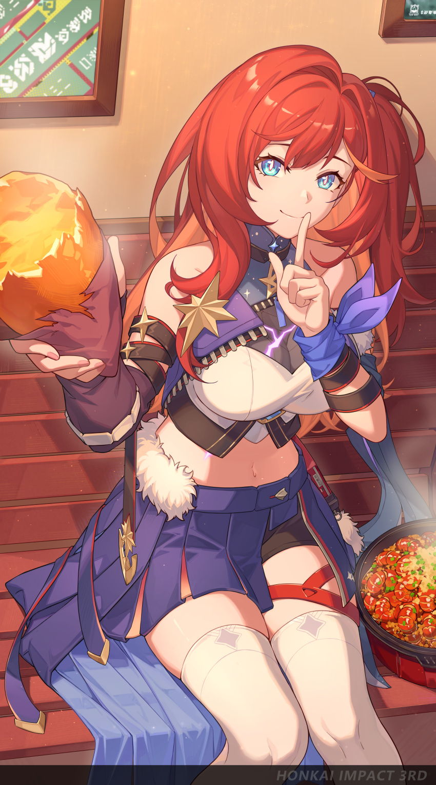1girl absurdres bare_shoulders bench black_shorts blue_eyes blue_skirt breasts chinese_commentary closed_mouth commentary_request copyright_name crop_top finger_to_mouth food hands_up highres holding holding_food honkai_(series) honkai_impact_3rd large_breasts long_hair looking_at_viewer midriff navel official_art red_hair senadina_(honkai_impact) short_shorts shorts sitting skirt smile solo sweet_potato thighhighs white_thighhighs