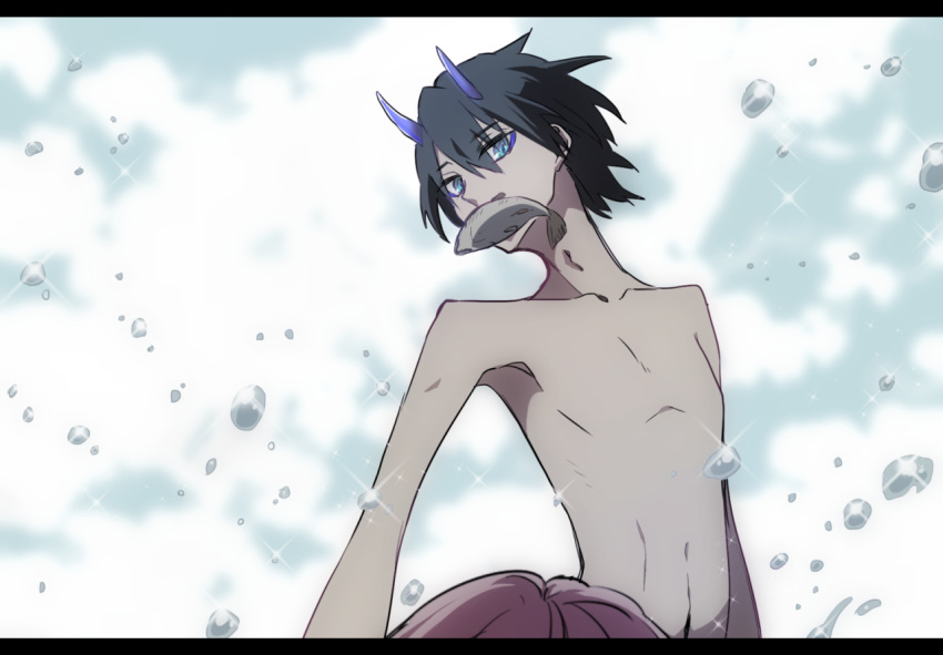 bangs black_hair blue_eyes blue_horns blue_sky bubble cloud commentary_request darling_in_the_franxx day eyebrows_visible_through_hair fish fish_in_mouth hiro_(darling_in_the_franxx) horns letterboxed male_focus mii_yuu navel oni_horns role_reversal shirtless sky solo zero_two_(darling_in_the_franxx)