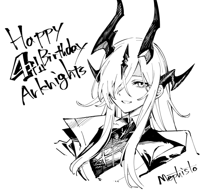 1girl arknights copyright_name dragon_girl eblana_(arknights) english_text greyscale grin hair_over_one_eye happy_anniversary highres horns long_hair looking_at_viewer mephisto_(angraecum) monochrome parted_lips portrait sidelocks signature simple_background sketch smile solo